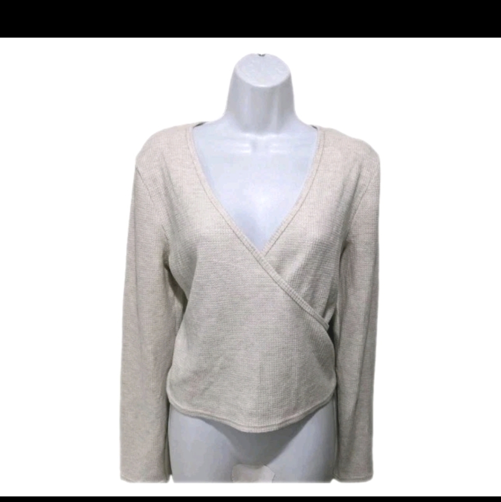 NWT Aerie Waffle Knit Faux Wrap Top Long Sleeve L 90s Y2K Minimalist Classic 750
